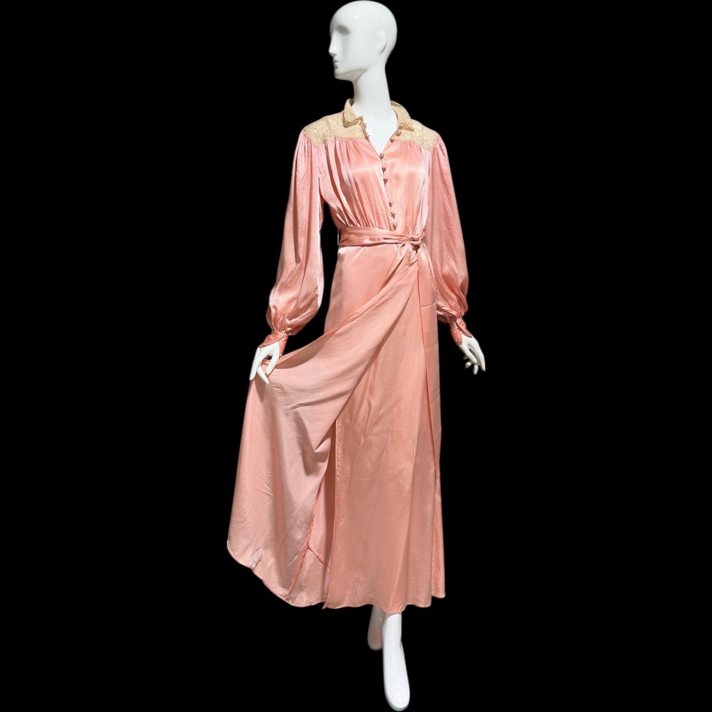 1930s vintage dressing gown robe, Shimmering Peachy pink silk with amazing lace, wrap front house coat loungewear