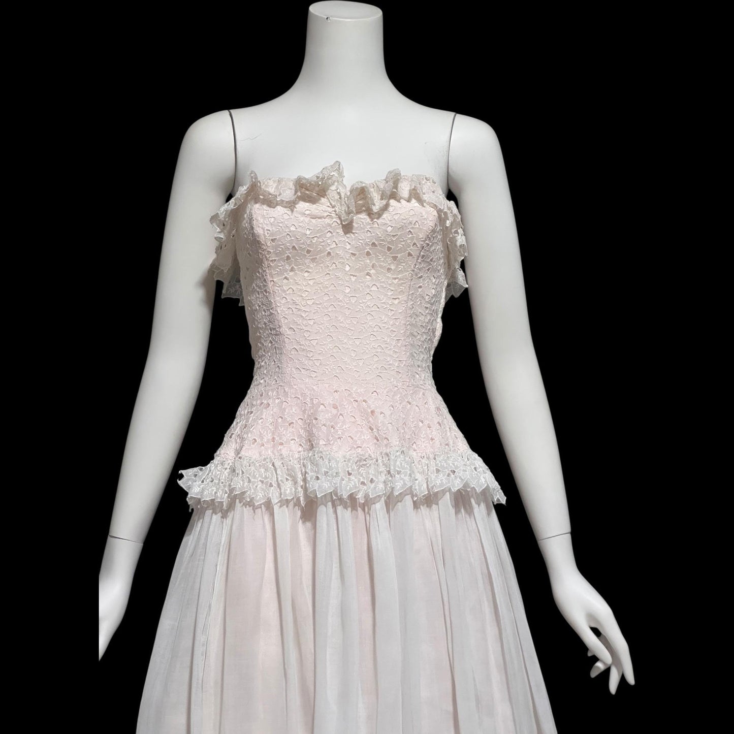 1940s vintage dress gown, soft petal pink and white cotton eyelet, with white organdy evening wedding gown