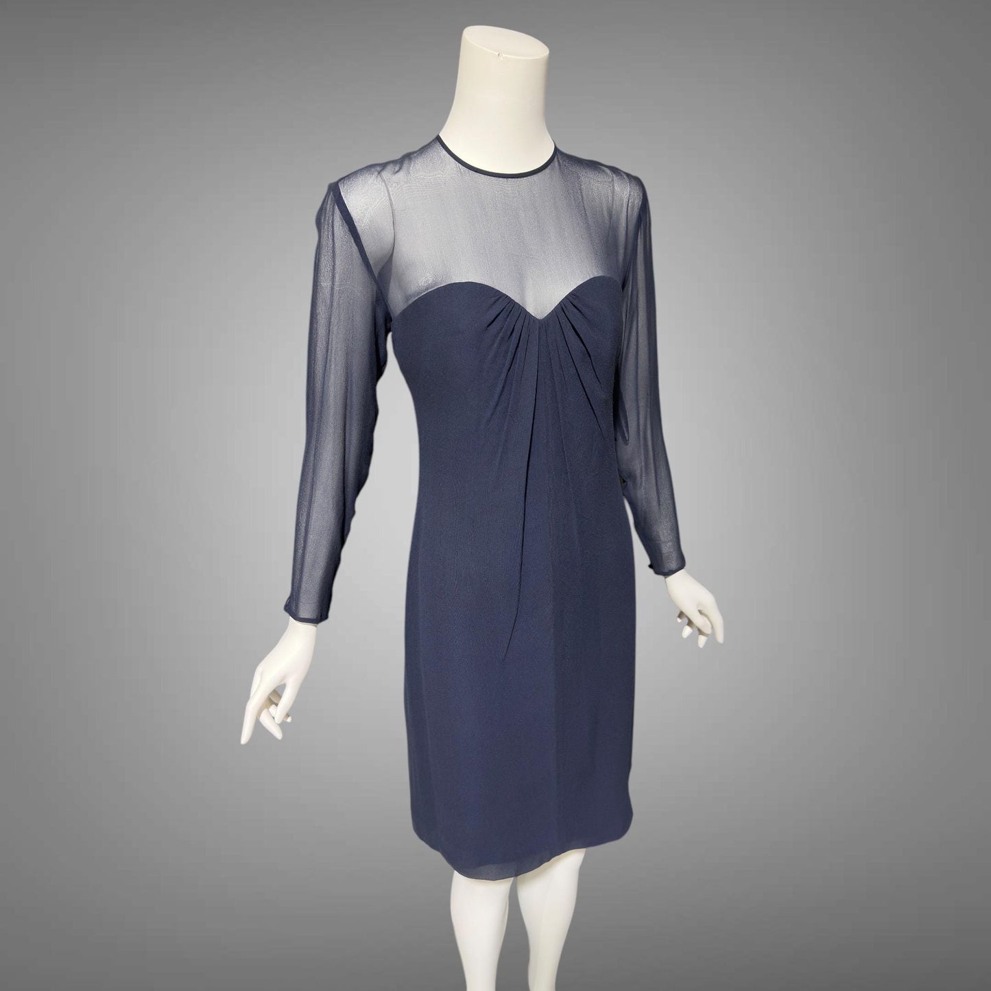 JEAN-LOUIS SCHERRER, vintage 1980s evening cocktail dress, navy blue sheer silk dress