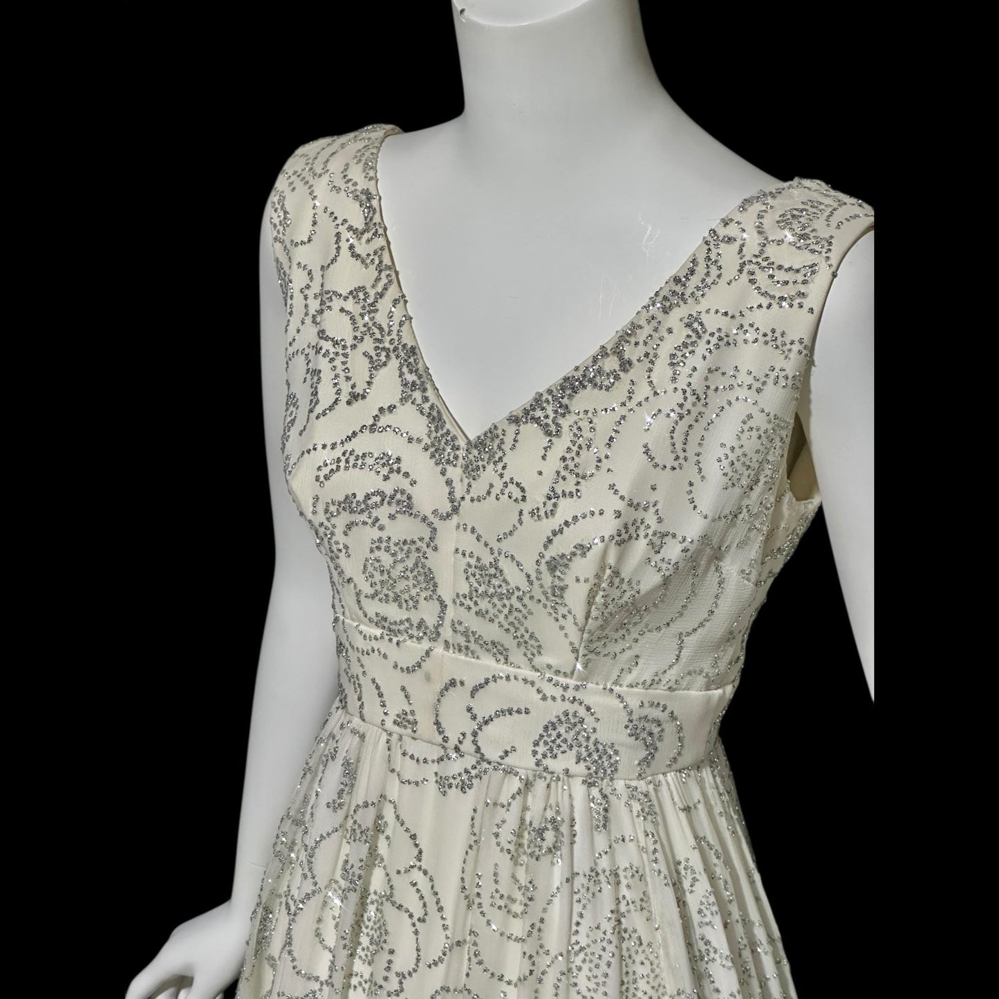 1960s vintage evening dress gown, white chiffon with sparkly silver rose sequins wedding bridal gown