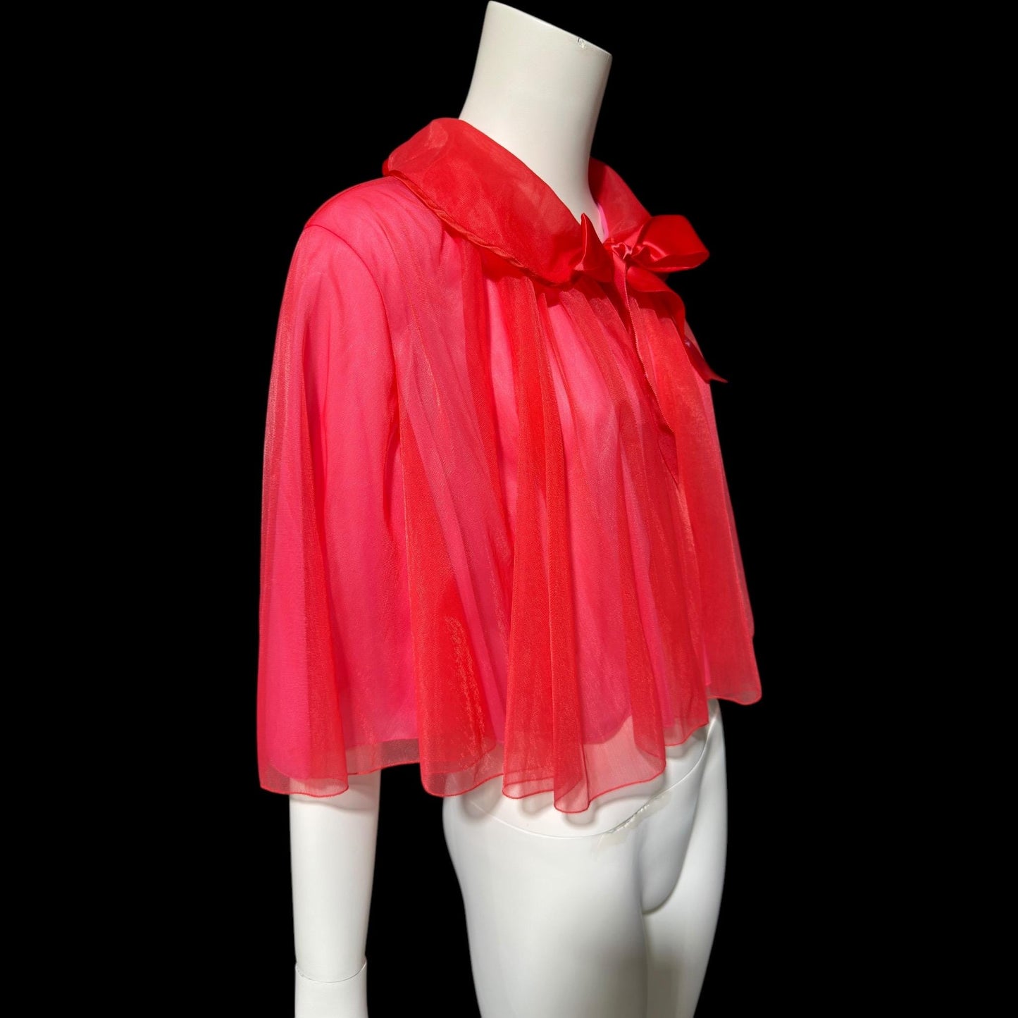 1950s vintage bed night jacket, Cherry Red & Hot Pink double layer chiffon cropped swing style jacket