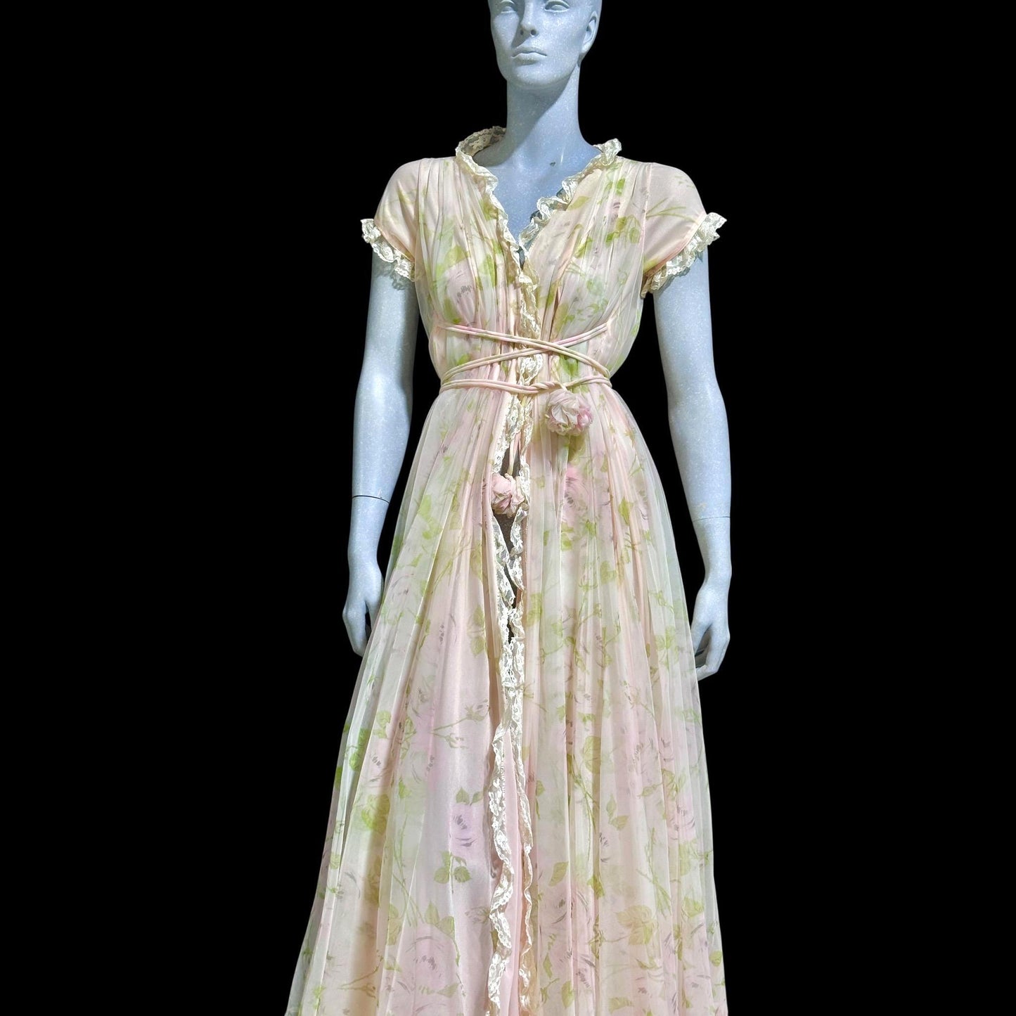 LUCIE ANN Claire Sandra, vintage 1960s Pink floral full sweep peignoir nightgown, grecian wrap pom pom dress, waterfall back robe