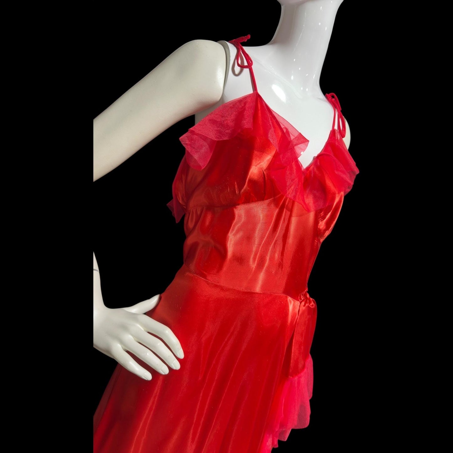 1940s vintage nightgown slip dress, Shiny lipstick red satin with a sheer mesh tulle ruffled trim