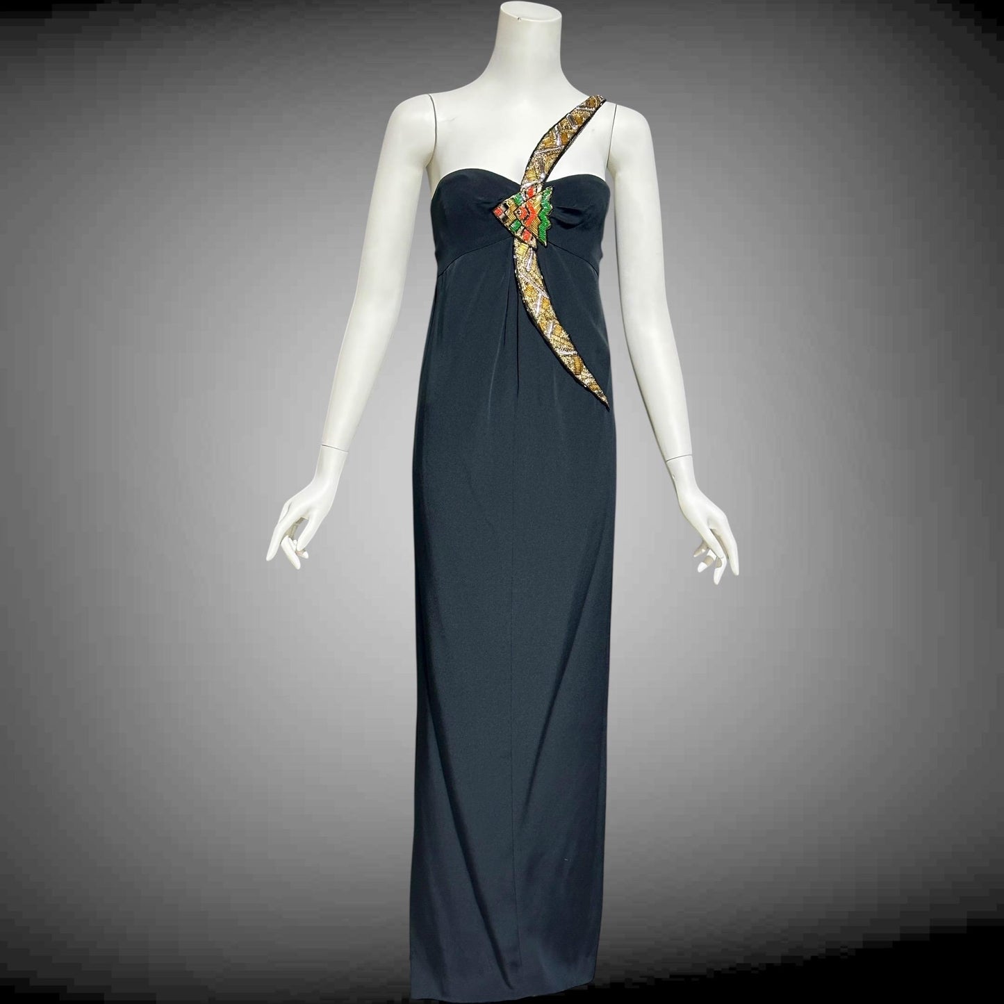BERNARD PERRIS vintage 1980s beaded gown, black silk one shoulder sheath column evening gown, Made in France