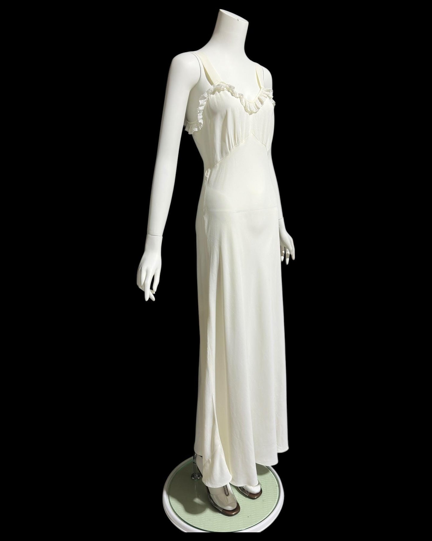 1940s vintage Nightgown slip dress, creamy off white bias cut ruffled slip dress