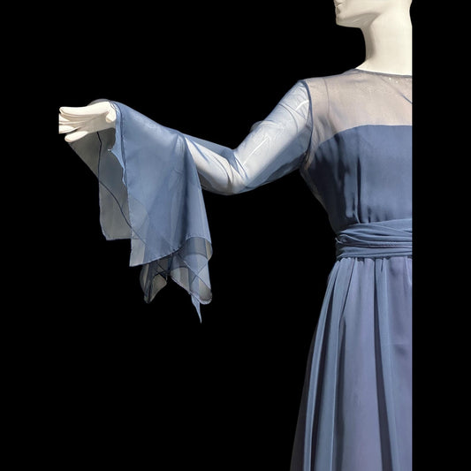 KIKI HART vintage 1960s evening dress, dusty blue poly chiffon gown, Scarf Sleeves