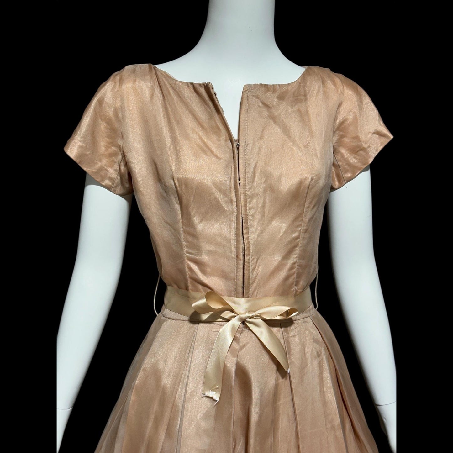 GIGI YOUNG, vintage 1950s dress, Toasty Caramel organza cocktail party dress, pleated fit & flare dress