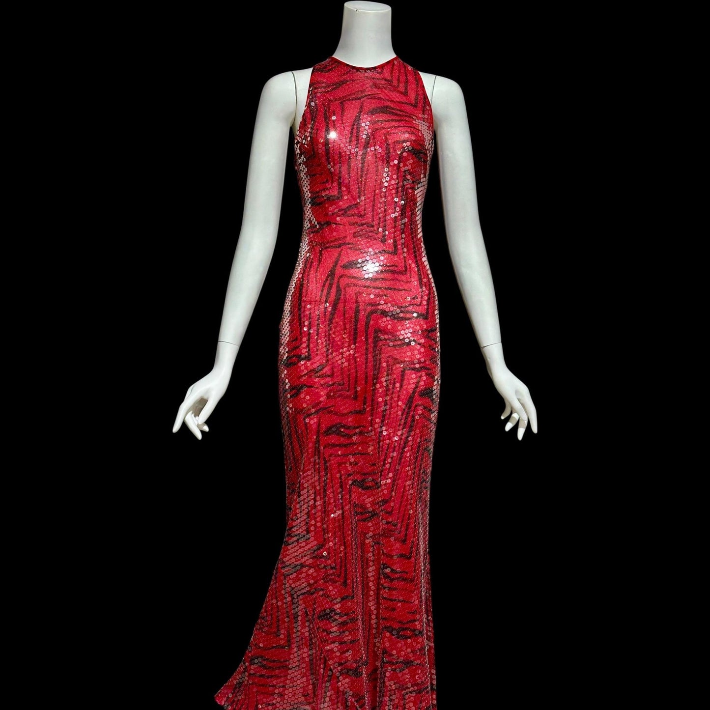 CHETTA B, vintage 1990s evening dress, Bias cut Bodycon red black tiger stripe print sheath slip maxi silk sequin gown