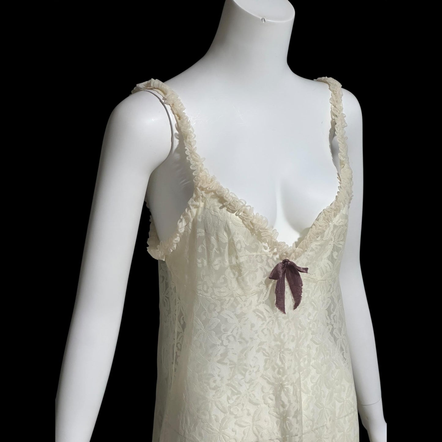 1950s vintage nightgown slip dress, ethereal sheer creamy lace night dress with ruffles