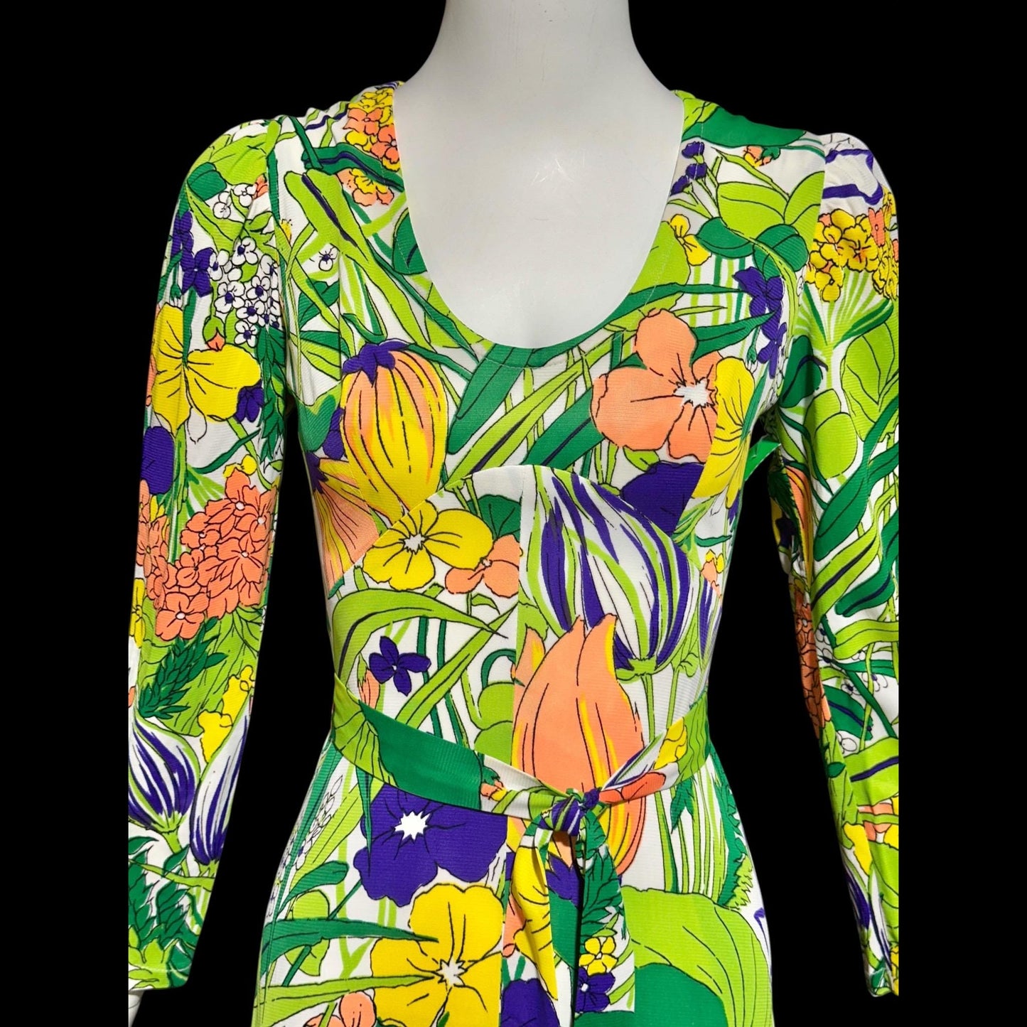THE COMPANY, vintage 1970s maxi dress, slinky psychedelic floral print dress, long sleeve op art garden party day dress