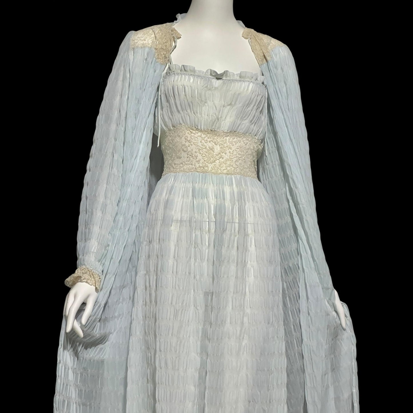 By IRIS, vintage 1930s Nightgown robe set, ethereal blue and white sheer waffled nylon slip dress and dressing gown, peignoir set