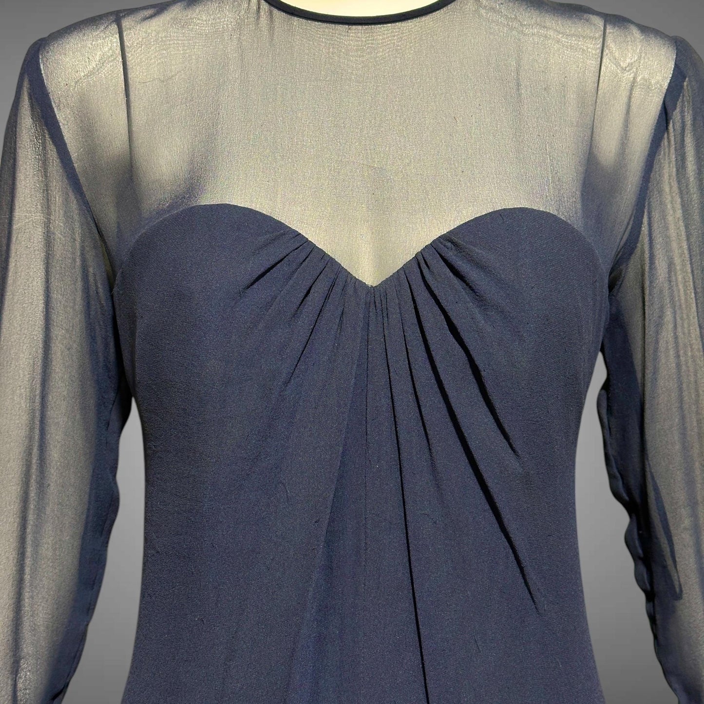 JEAN-LOUIS SCHERRER, vintage 1980s evening cocktail dress, navy blue sheer silk dress