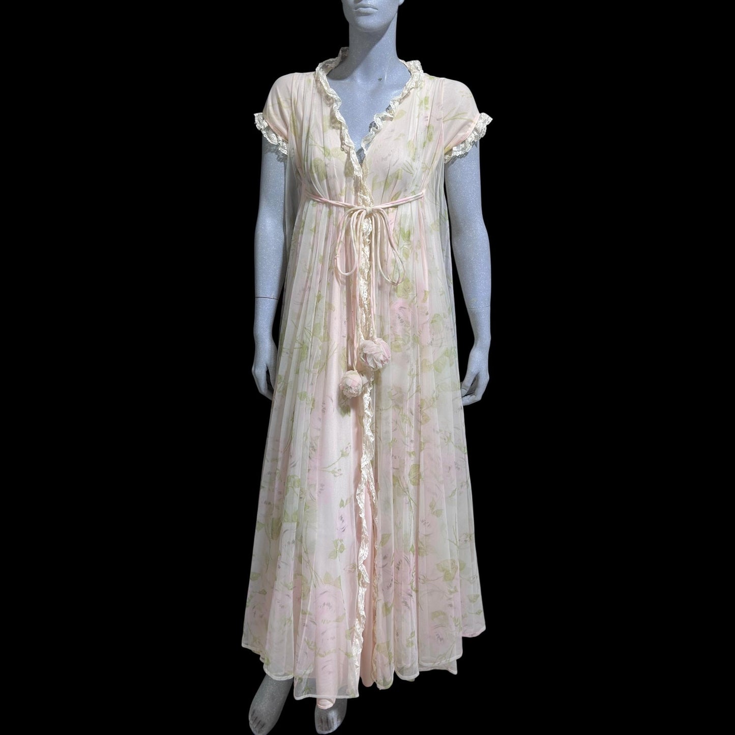 LUCIE ANN Claire Sandra, vintage 1960s Pink floral full sweep peignoir nightgown, grecian wrap pom pom dress, waterfall back robe