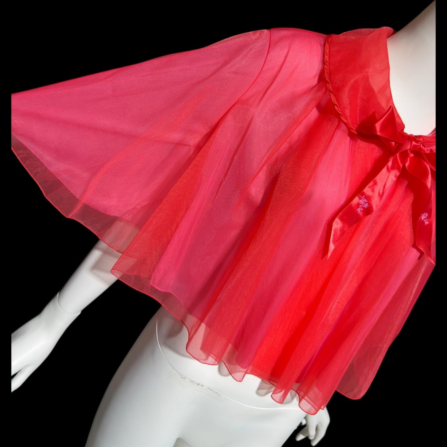 1950s vintage bed night jacket, Cherry Red & Hot Pink double layer chiffon cropped swing style jacket