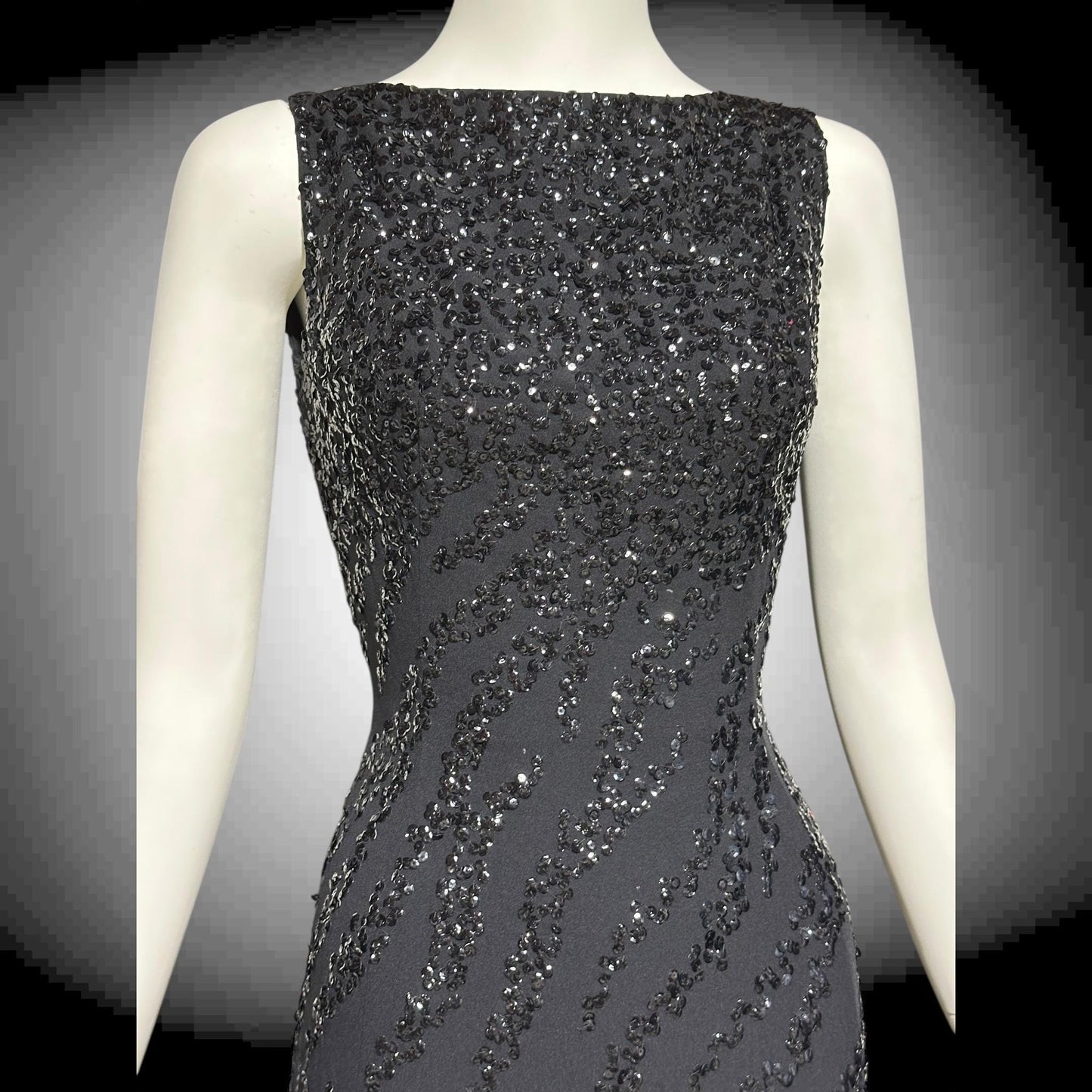 FRANK STARR Vintage 1960s evening gown dress, Lord & Taylor, black sequin sheath evening gown