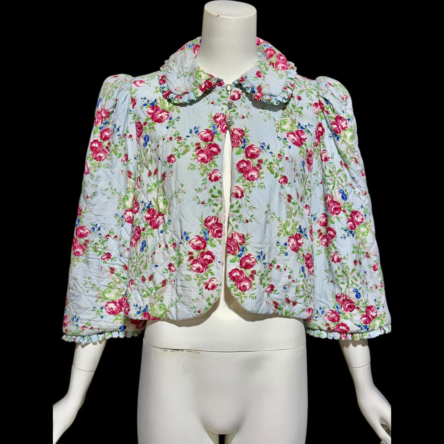 1930s vintage quilted bed jacket, blue satin with rose print short night robe