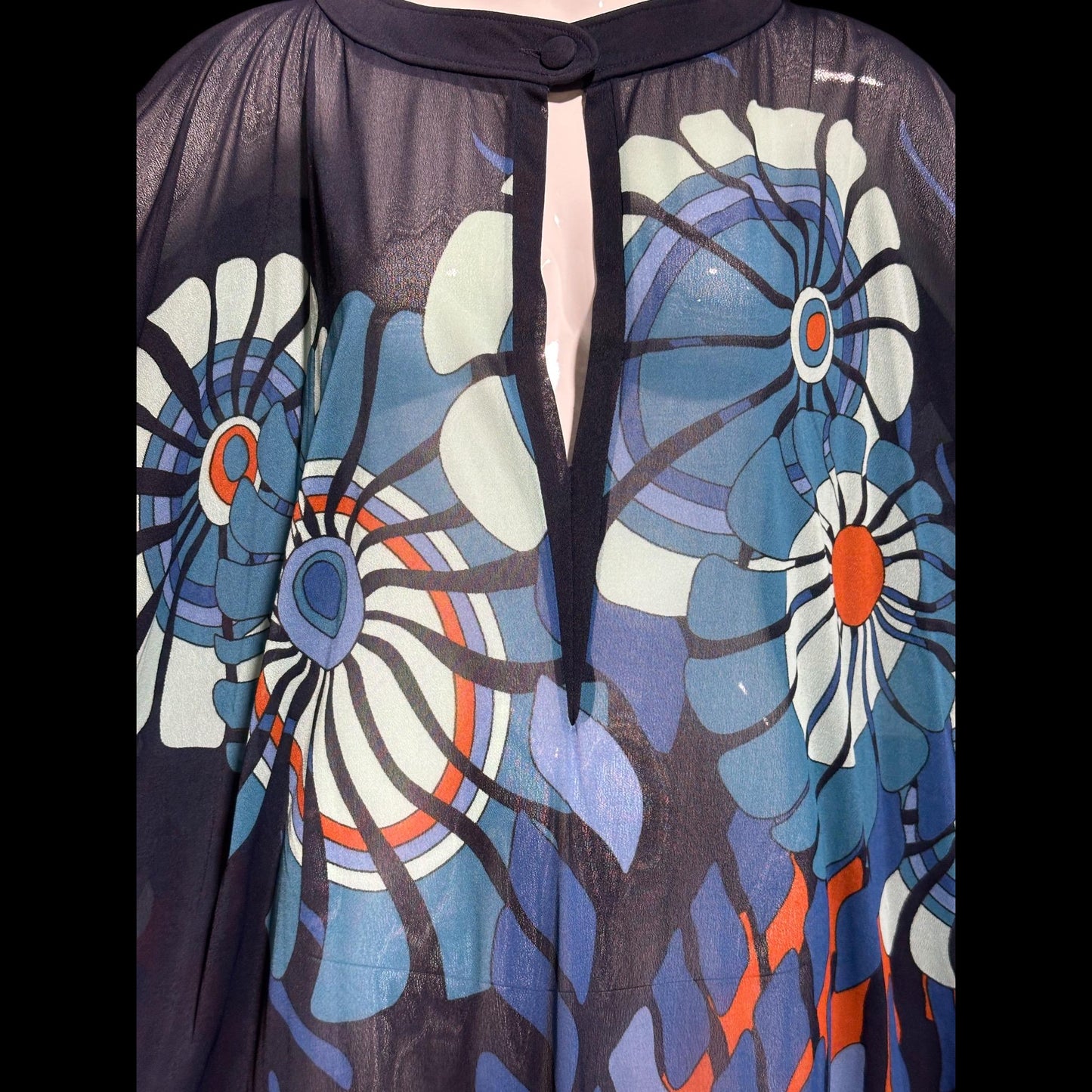 GOTTEX Vintage 1970s sheer kaftan caftan style dress, Sheer nylon navy blue Abstract flowers
