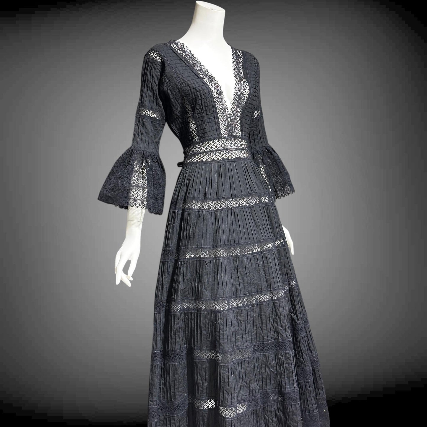 1970s vintage Mexican Wedding dress, Black cotton blend Deep V ball gown, long bell Sleeves, Maxi Hippie Bohemian gown