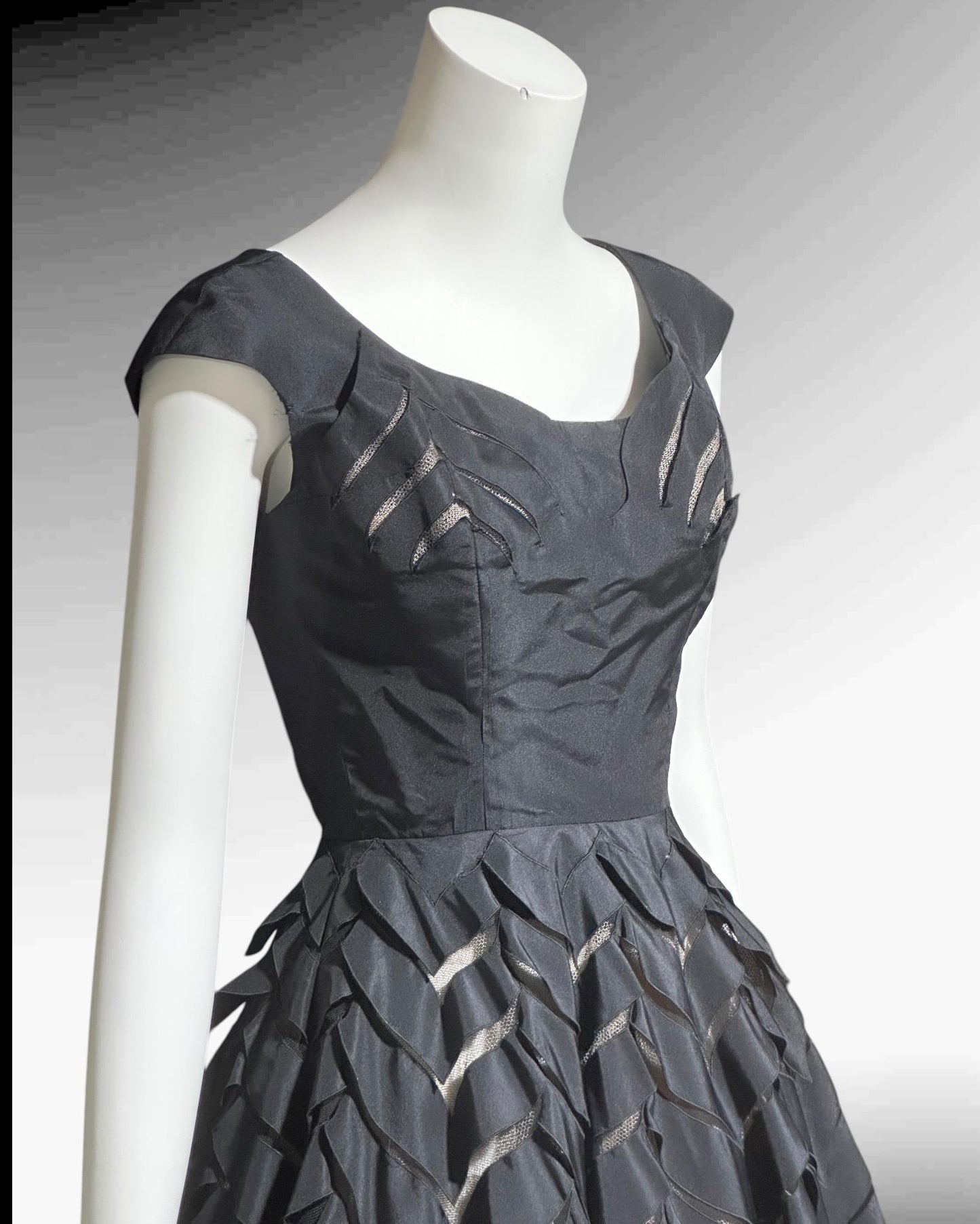 OLDRIC ROYCE, vintage 1950s dress, black cutout fit and flare cocktail party evening dress