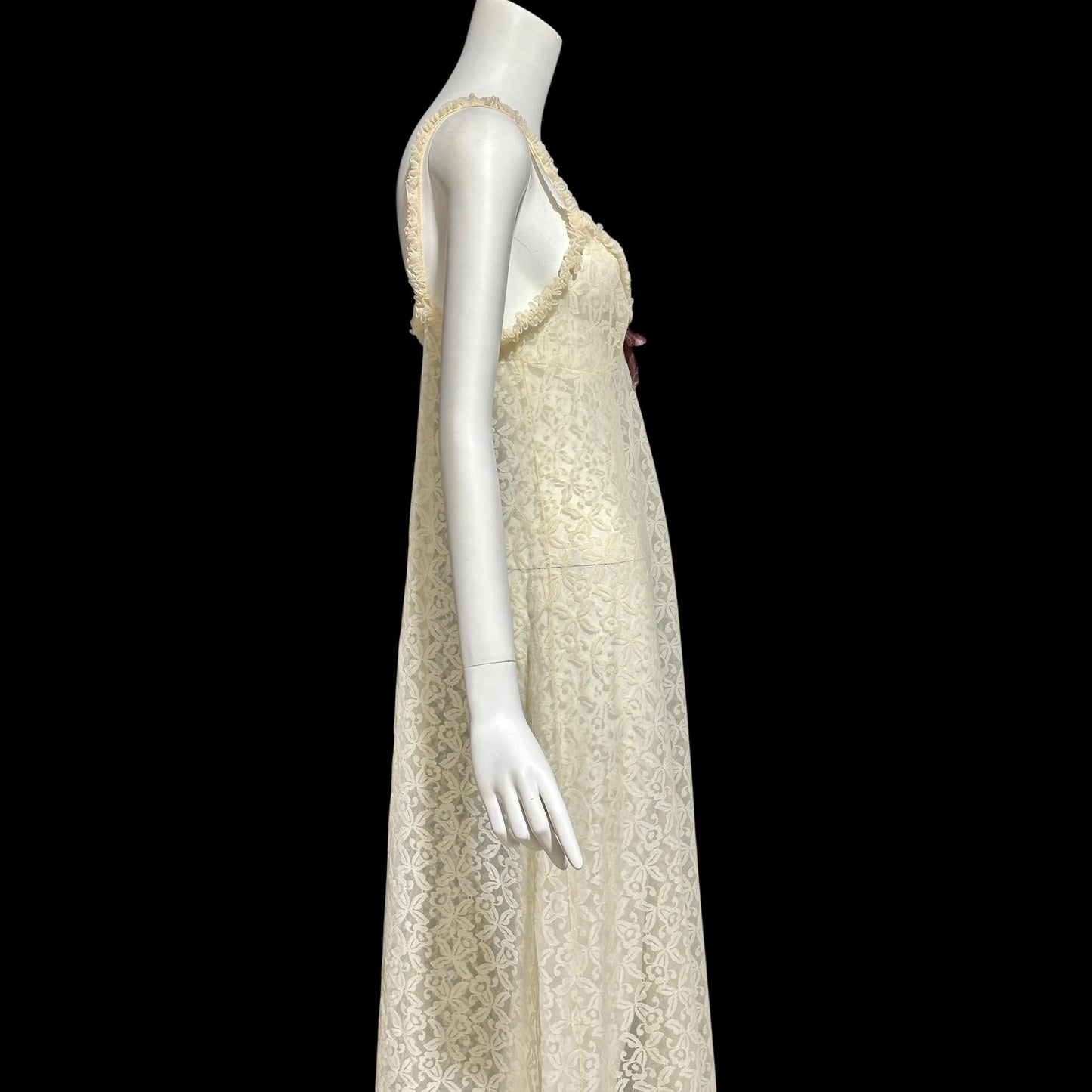 1950s vintage nightgown slip dress, ethereal sheer creamy lace night dress with ruffles