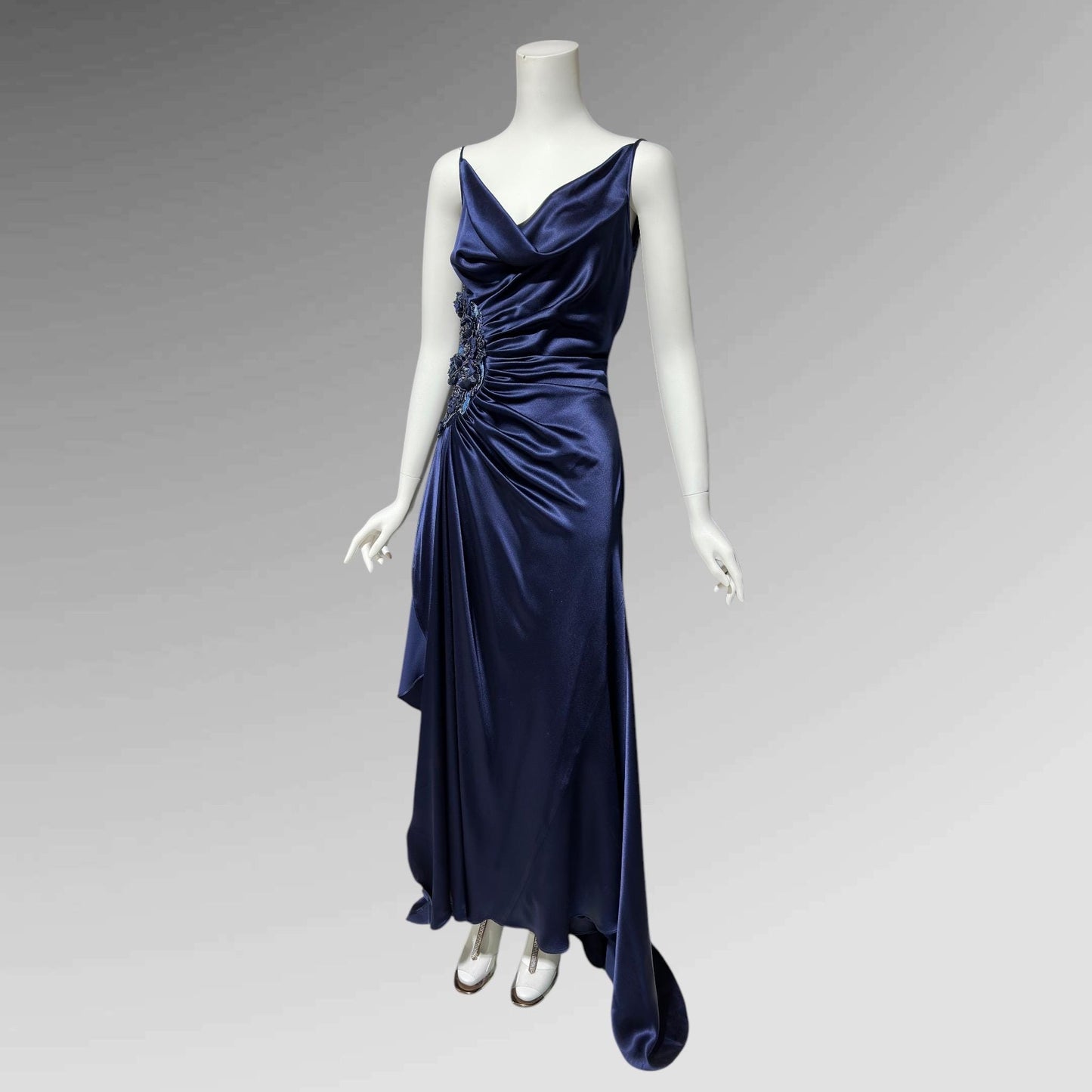 BELLVILLE SASSOON Lorcan Mullany, vintge 1990s evening dress, midnight blue silk beaded sheath slip gown