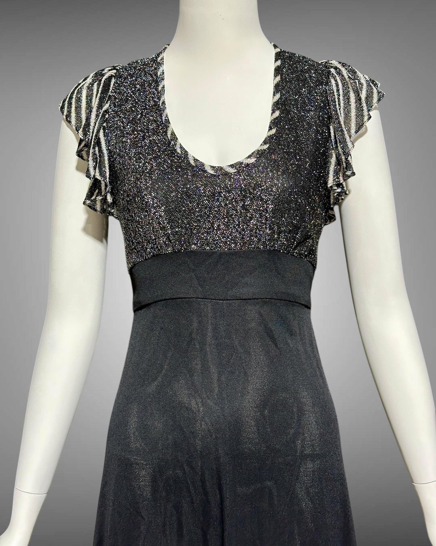 YOUNG INNOCENT by ARPEJA, 1970s vintage black jersey knit & lurex long dress