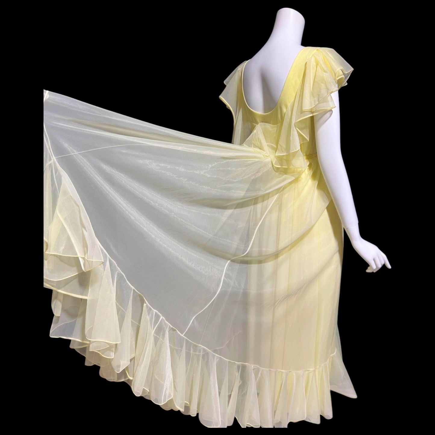 LUCIE ANN Claire Sandra, 1960s Marshall Field daffodil yellow full sweep ruffled nightgown, grecian wrap slip dress