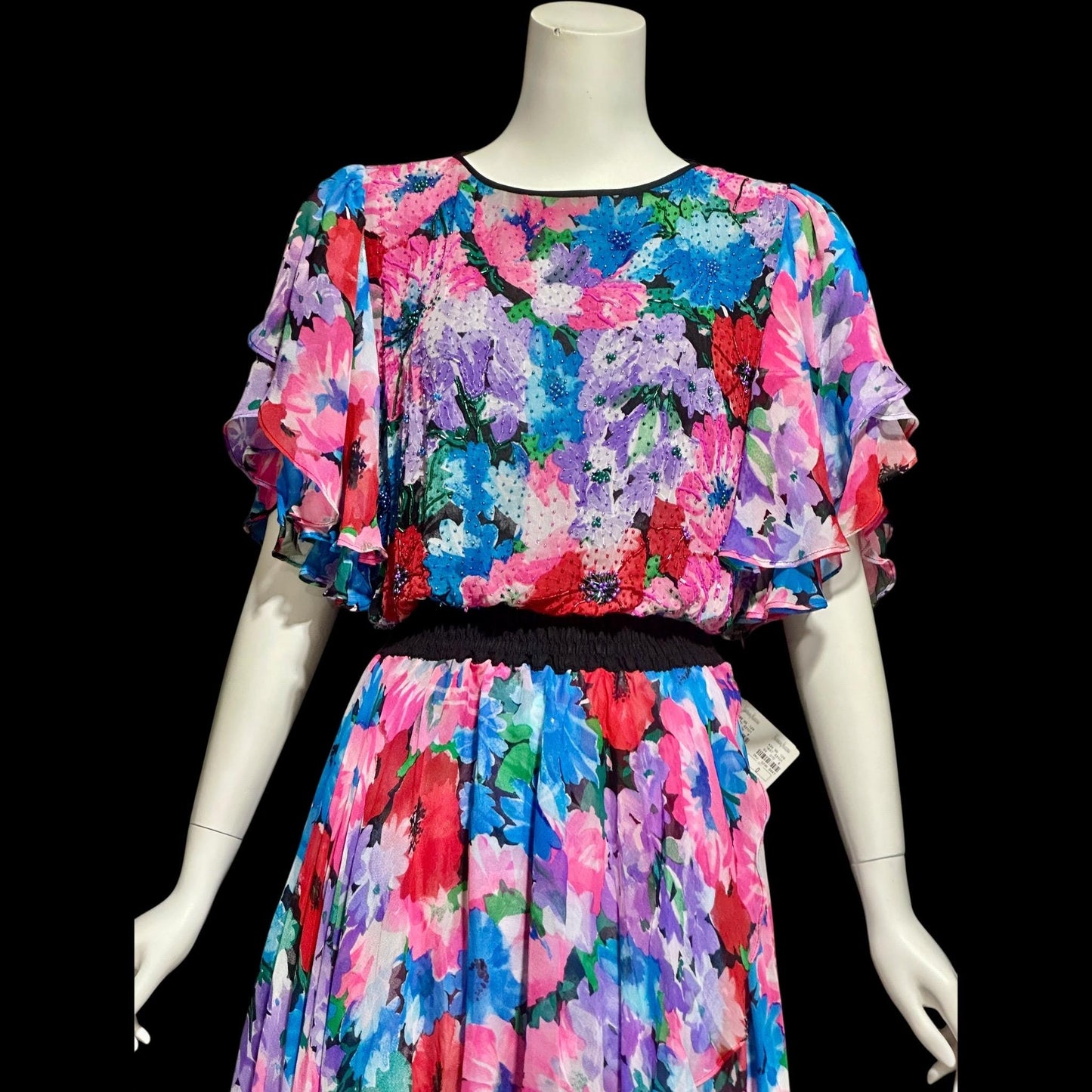 DIANE FREIS vintage 1980s silk dress, Neiman Marcus floral gypsy dress, flutter sleeves high low ruffle cocktail dress