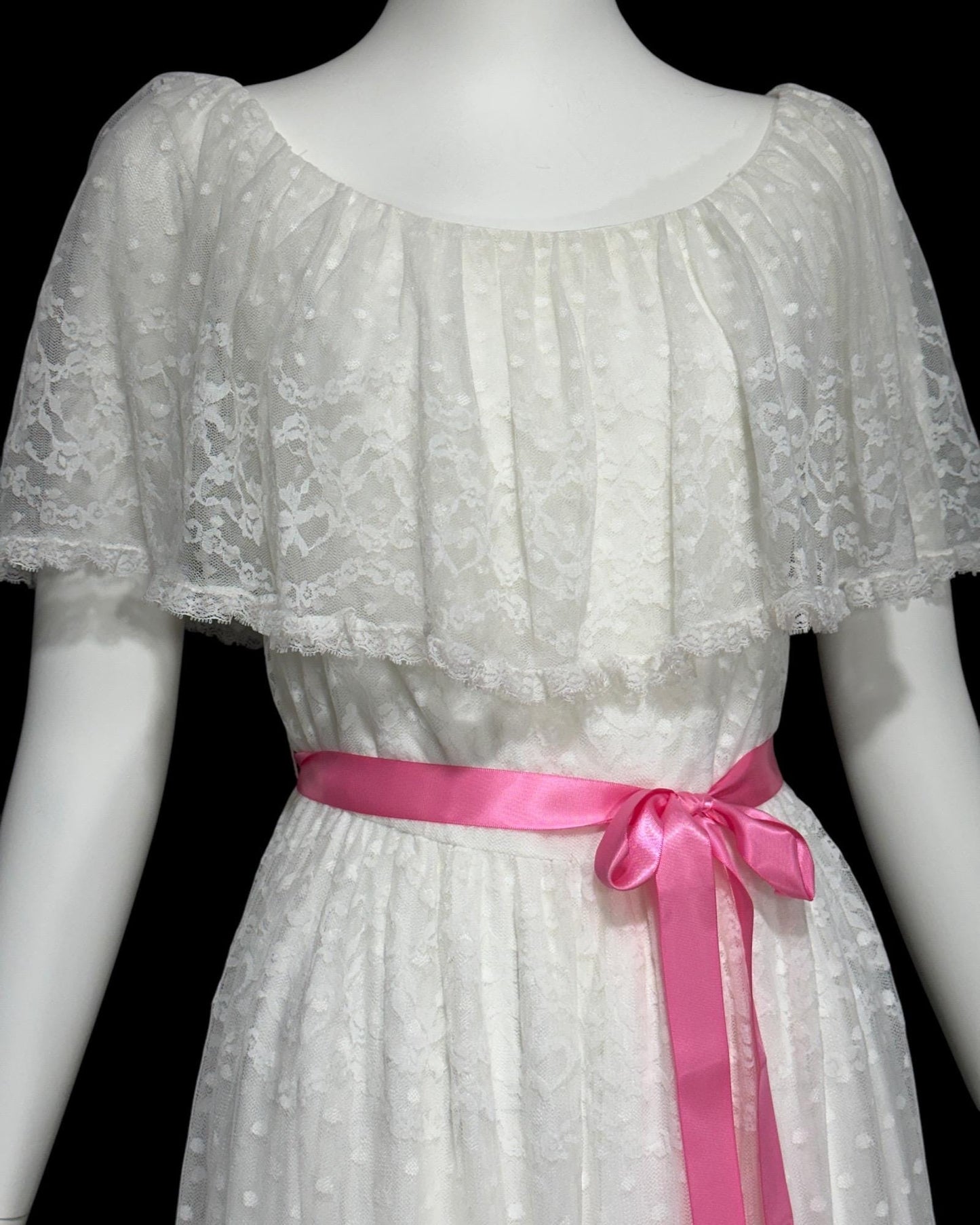 RICHILENE New York, vintage 1970s evening dress, white lace ruffle collar wedding gown