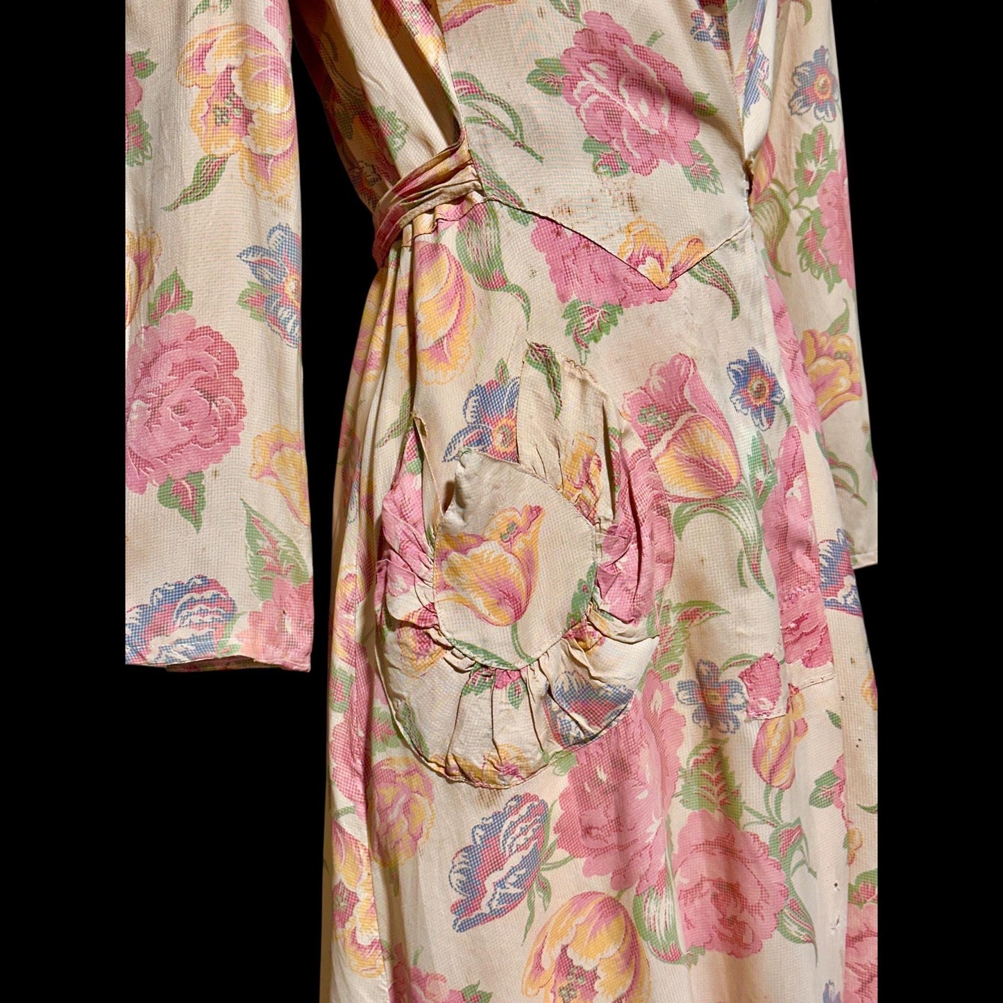 1930s vintage silk chintz floral robe, Dusty pink wrap front long house coat, Rehabilitated Wounded Bird