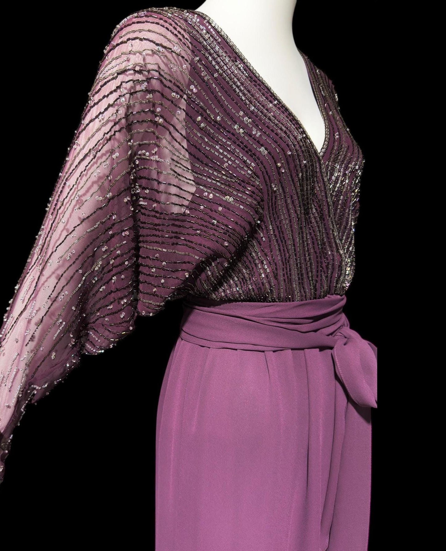 JACK BRYAN vintage evening dress gown, 1970s Aubergine Eggplant Purple chiffon beaded dolman sleeves, Deep V