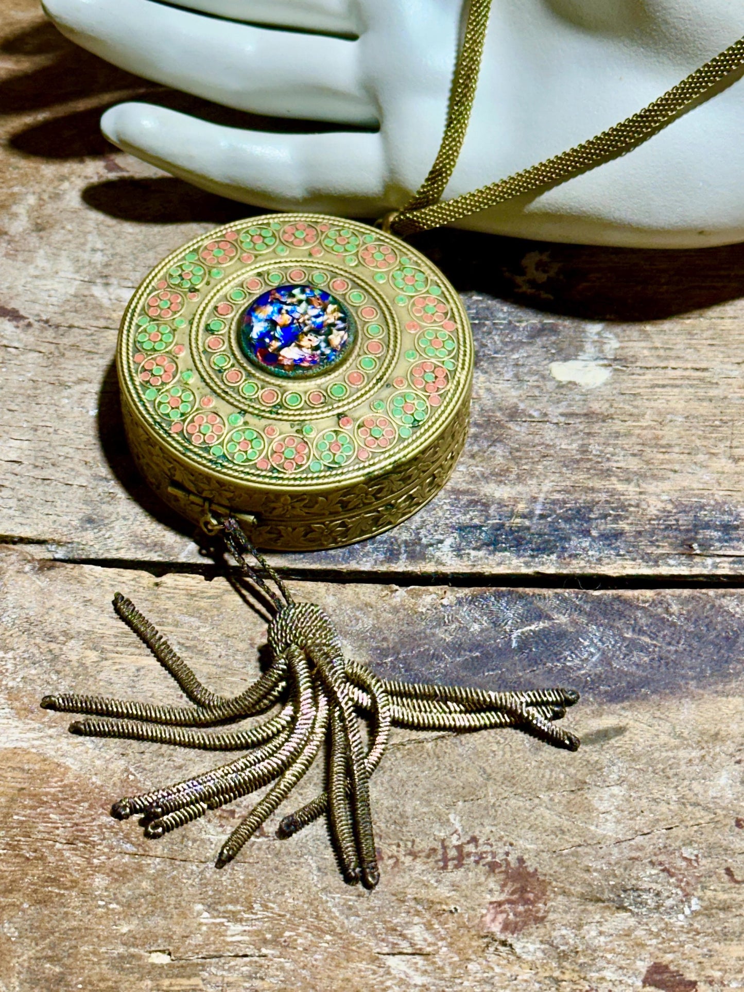 1920s vintage Antique chatelaine compact, flapper enamel mirrored wrist dance compact, double powder, blush rouge