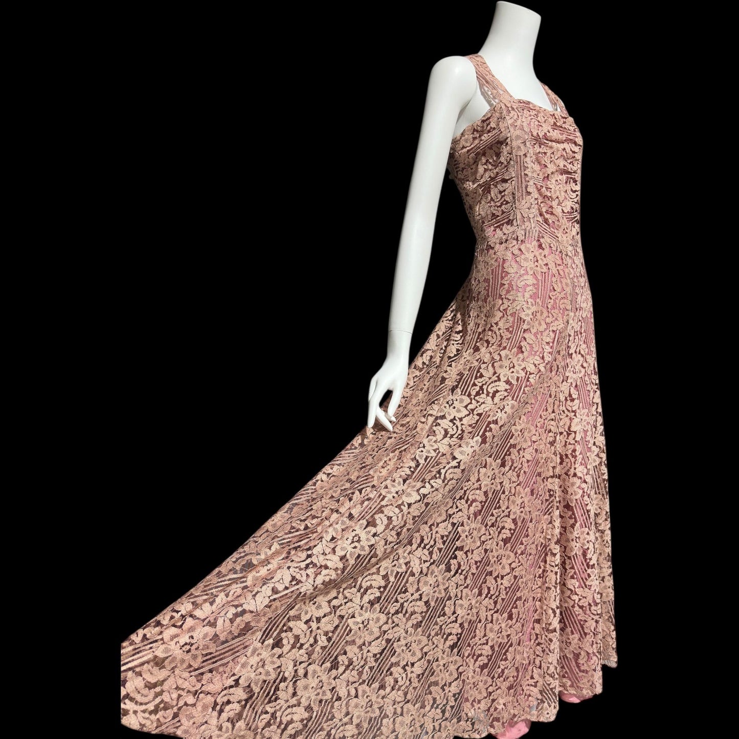 1930s vintage evening dress, Dusty pink lace sheath gown, fully lined