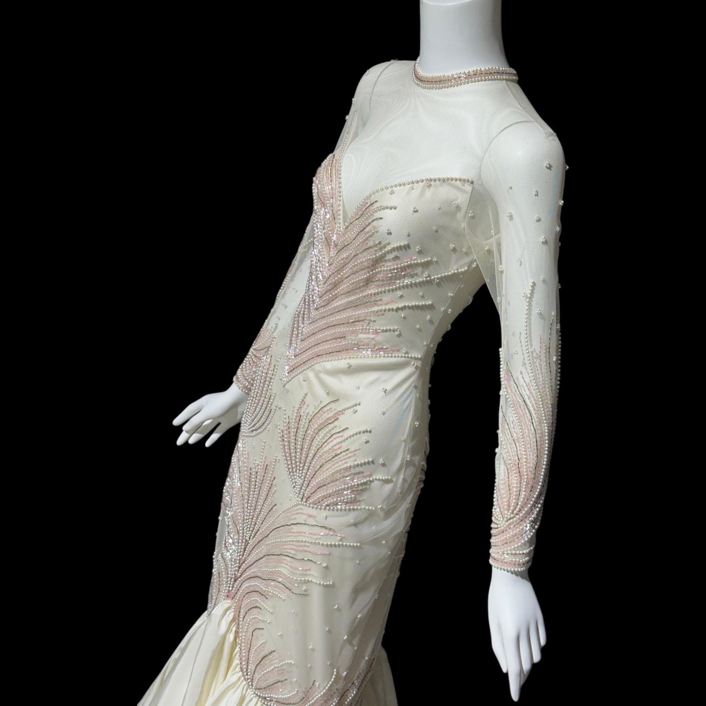 CARLOTA ALFARO, vintage 1980s evening gown, White pink beaded mermaid dress, ruffled bottom, illusion neckline