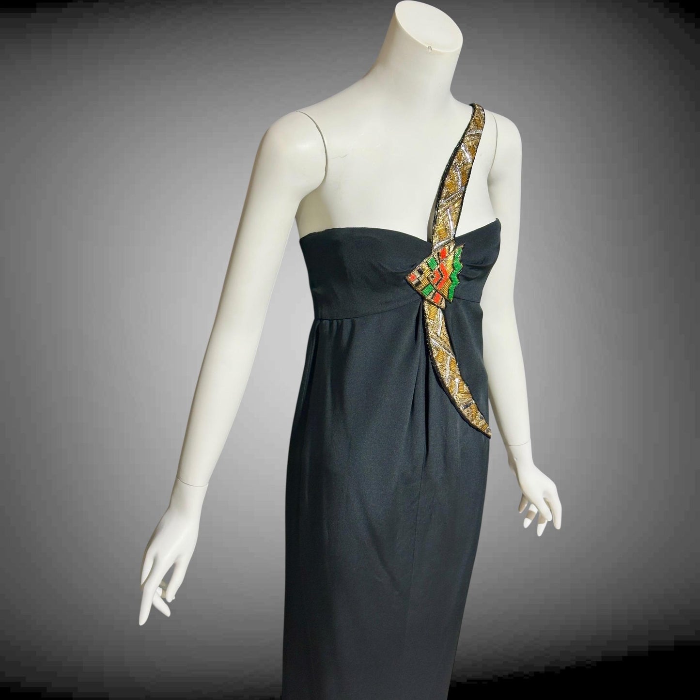 BERNARD PERRIS vintage 1980s beaded gown, black silk one shoulder sheath column evening gown, Made in France