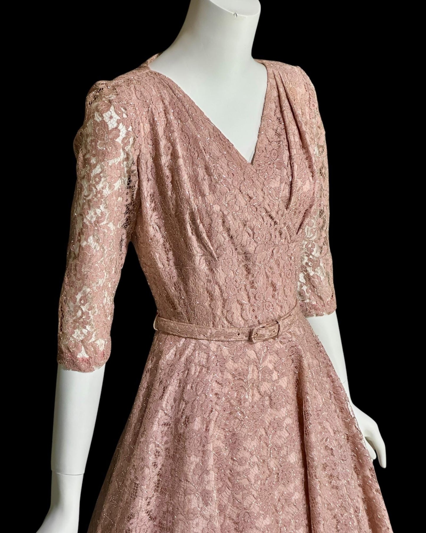 ANN KAUFFMAN, vintage 1940s dress, Old Rose Pink lace w/ silver metallic, shelf bust fit and flare cocktail party evening dress