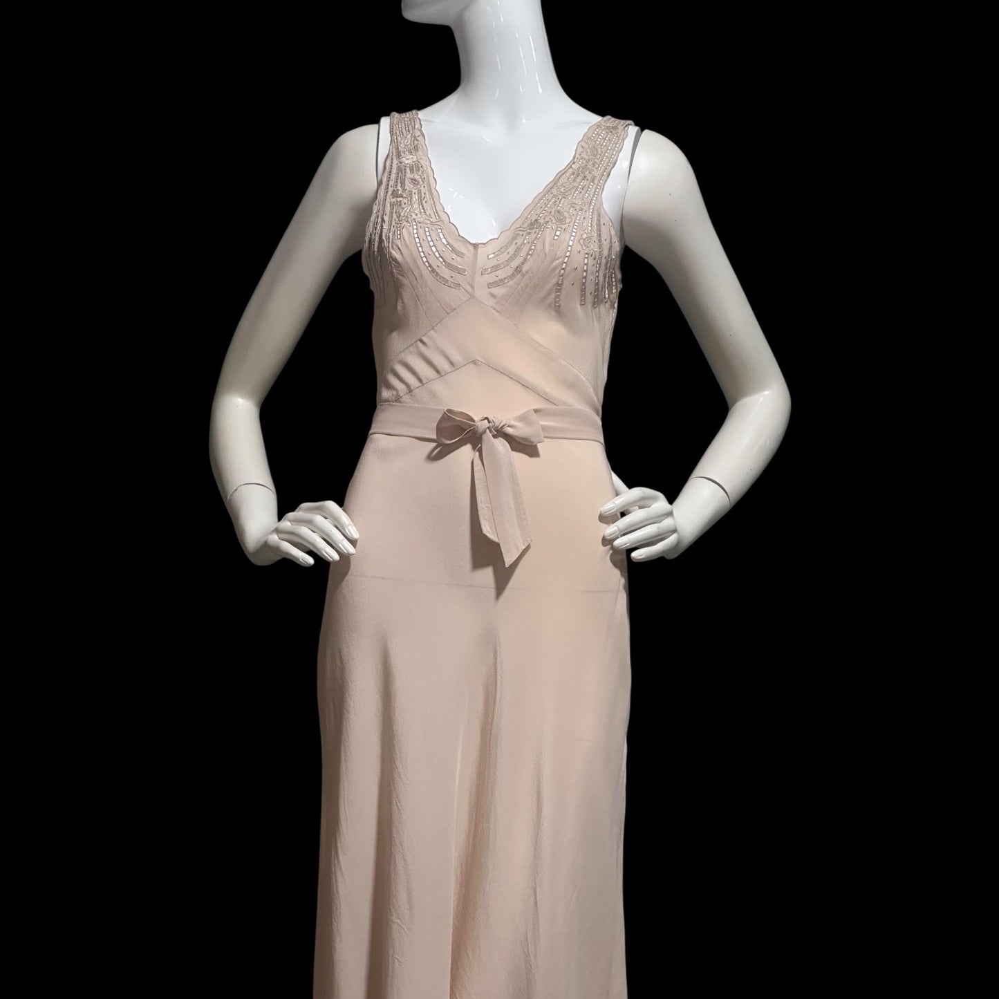 PEONY vintage 1950s Silk Nightgown slip dress, Dusty Pink bias cut hand embroidered gown