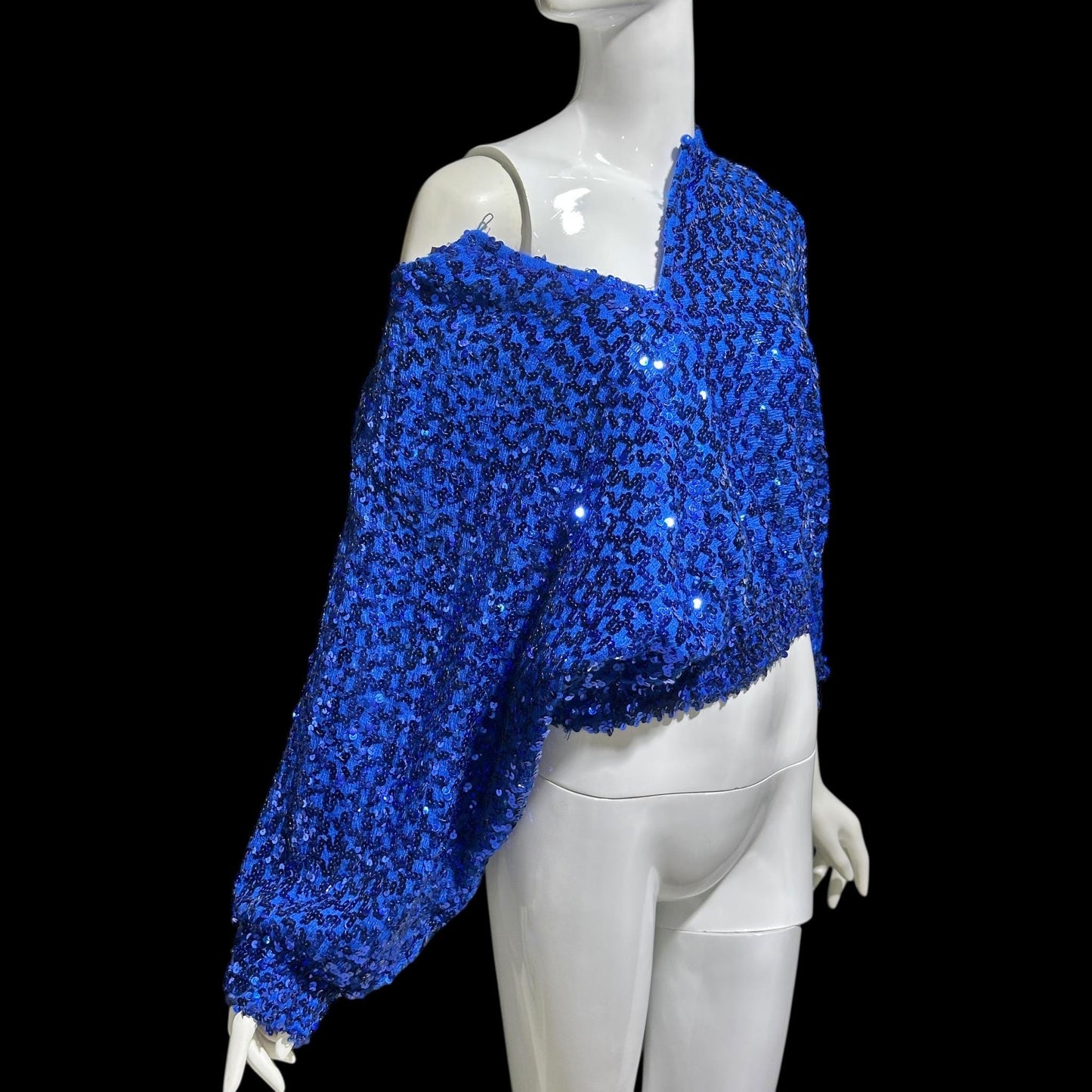 MISTER JAY vintage 1970s sequin disco sweater, Royal blue knit batwing evening cropped top, stretchy