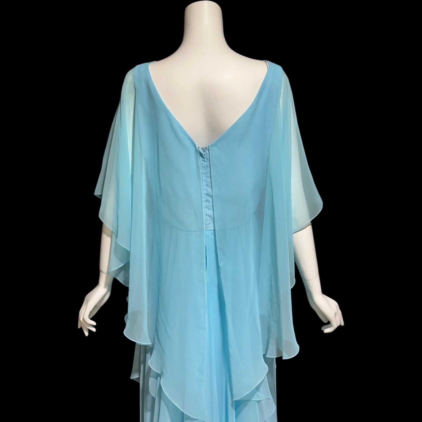 1960s vintage evening dress, turquoise blue poly chiffon scarf cape dress gown