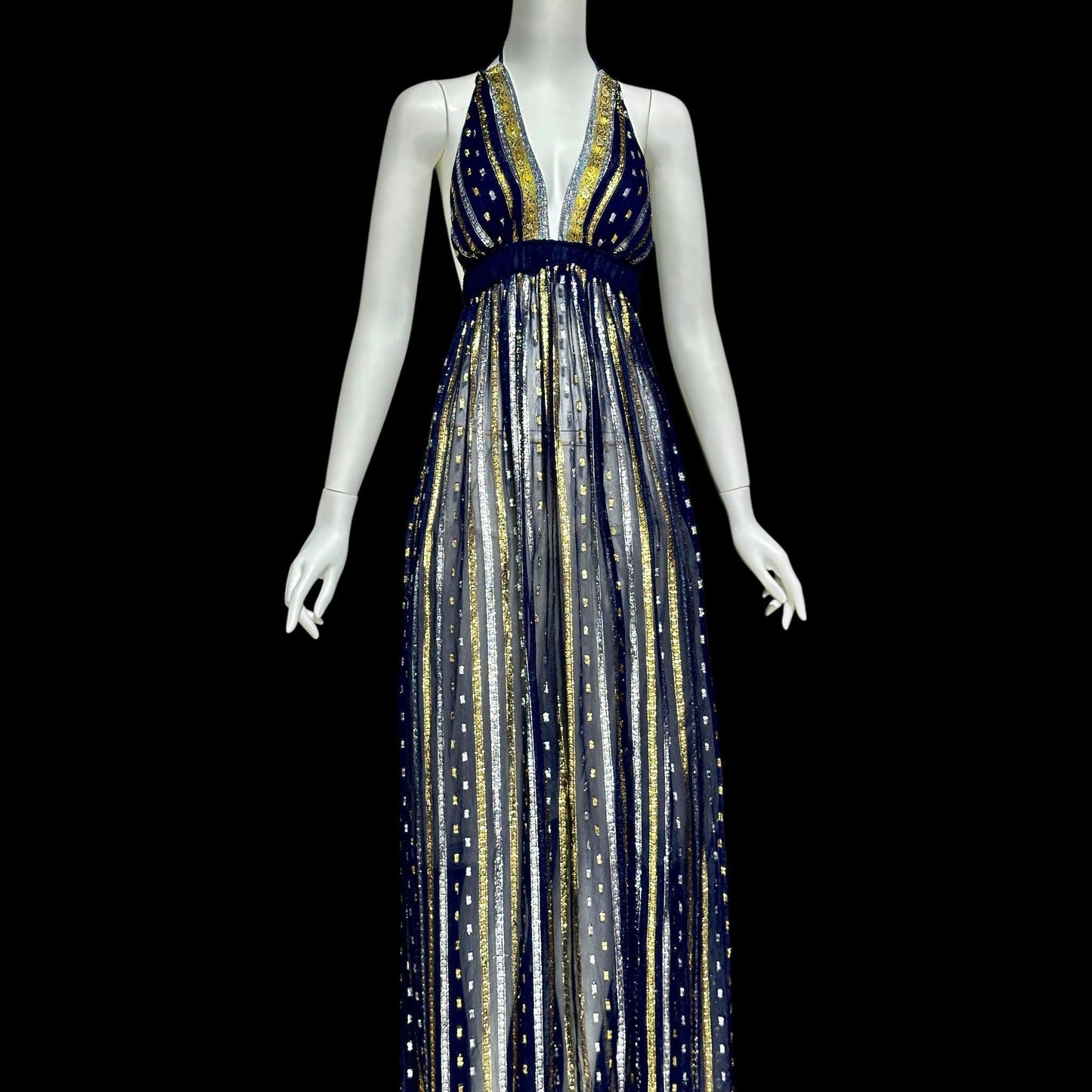 1970s Vintage Disco Diva evening party dress, sheer nylon and metallic halter gown, studio 54 disco
