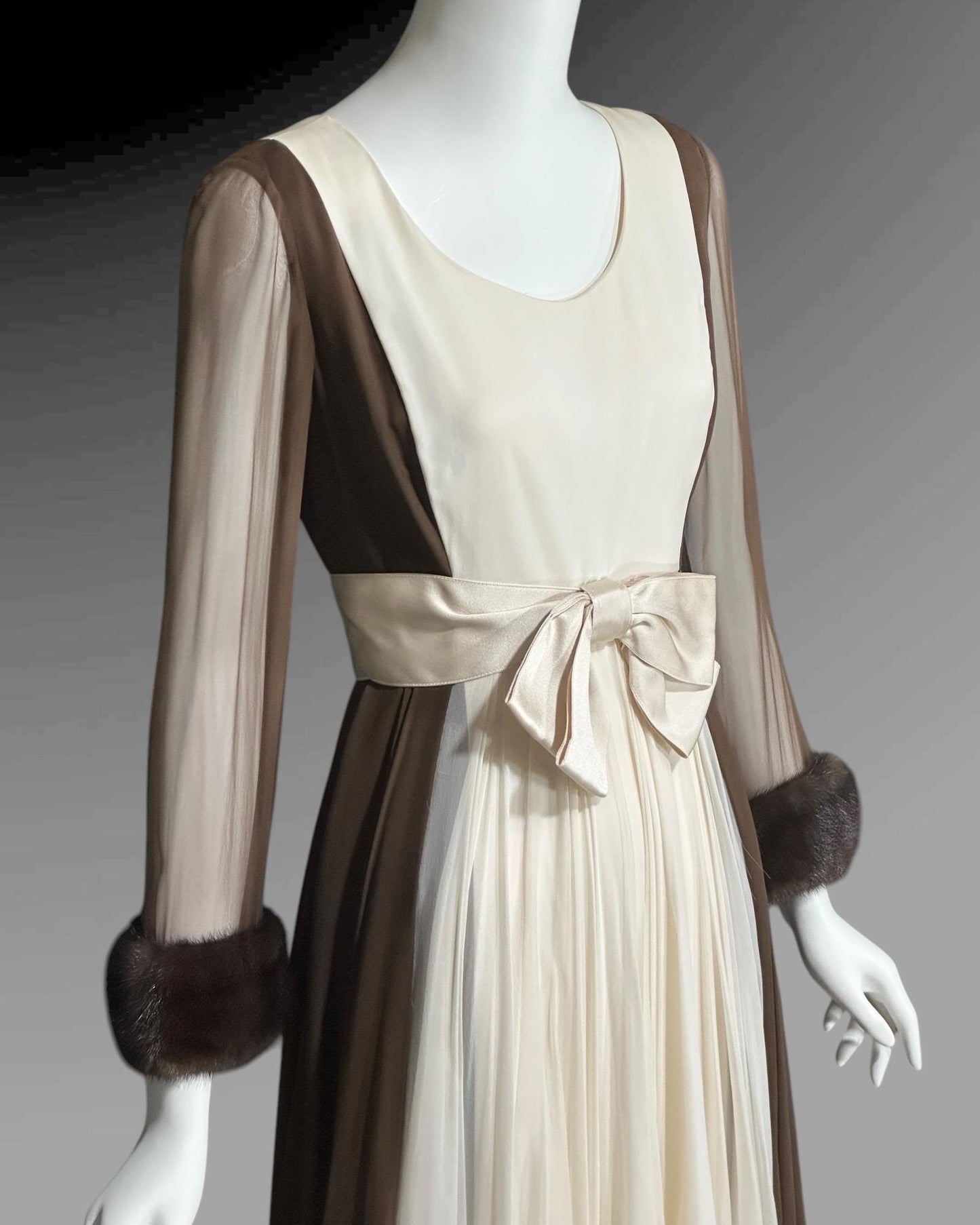 JEAN-LOUIS for I. Magnin, vintage 1950s evening gown, Brown Cream Chiffon cocktail party evening dress