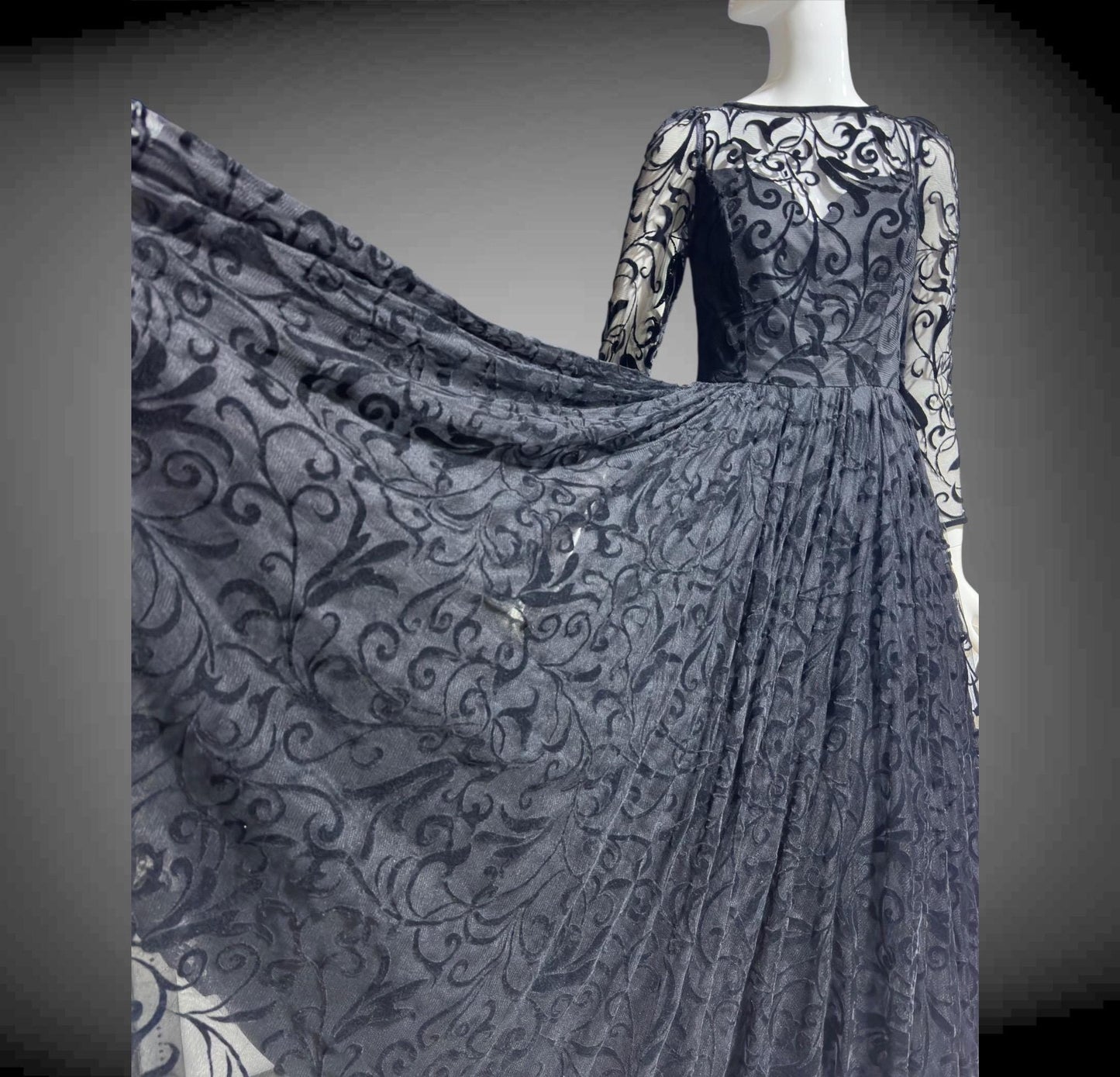 CAROLINE CHARLES, vintage 1980s evening dress ball gown, Made in England, Neiman Marcus Black formal dress