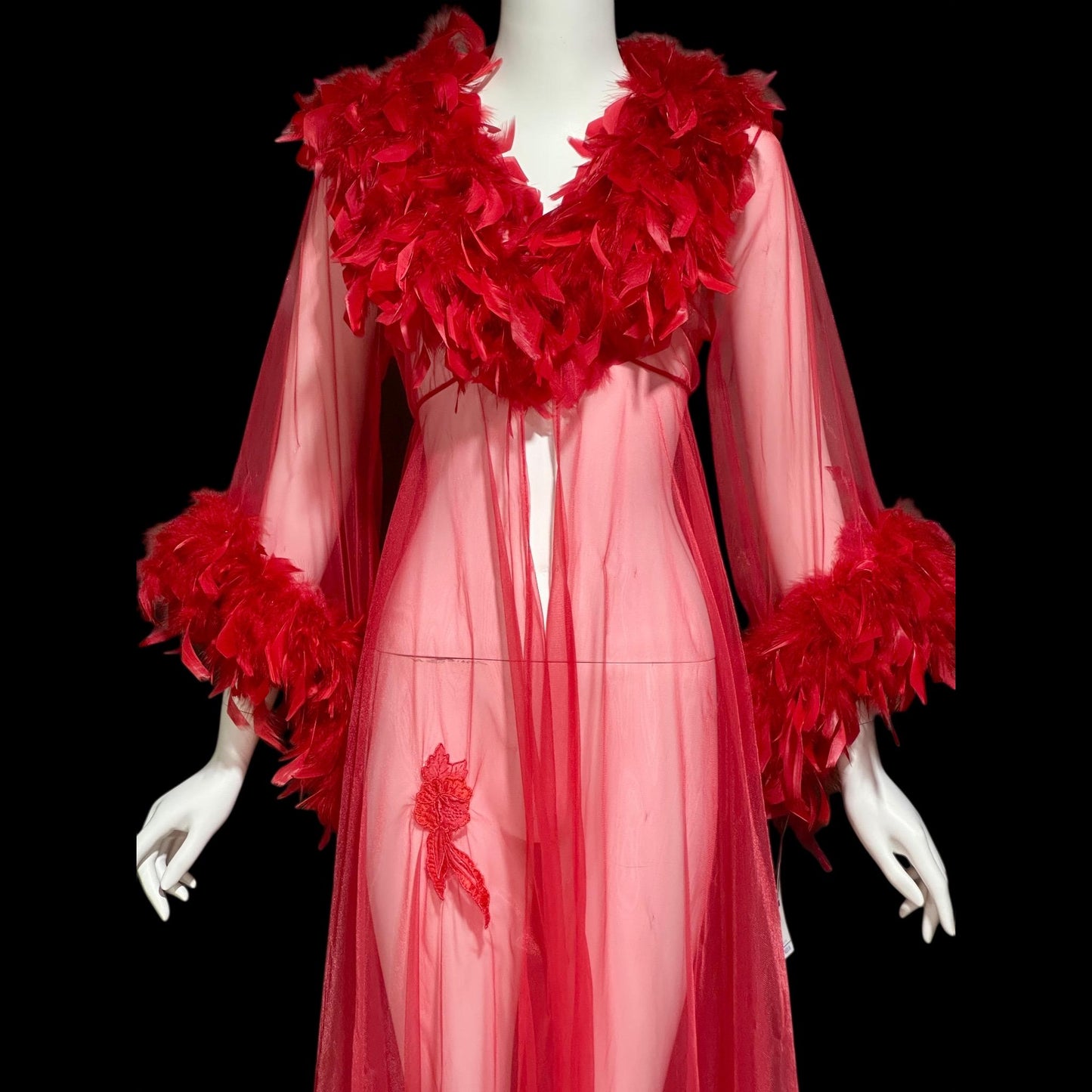 TRIANGLE vintage 1970s dressing gown, sheer bold red chiffon housecoat with feather trim, peignoir house coat