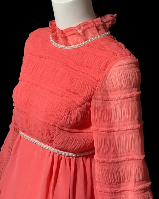 CLIFTON WILHITE, vintage 1970s evening dress, empire waist coral chiffon gown, long sleeves and ruffle high neck