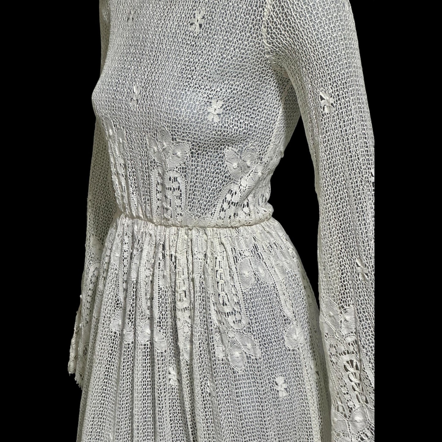 1970s vintage crochet maxi dress, white cotton open knit bridal wedding dress, Victorian style gown