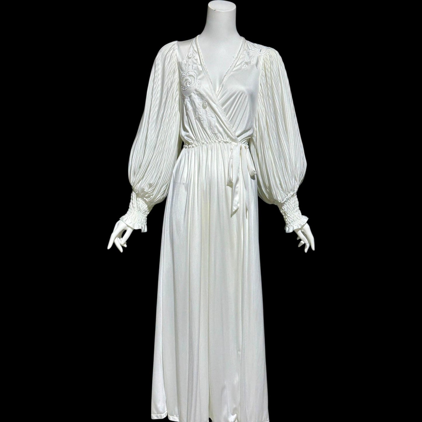 1980s vintage dressing gown robe, Slinky white jersey polyamide wrap front housecoat