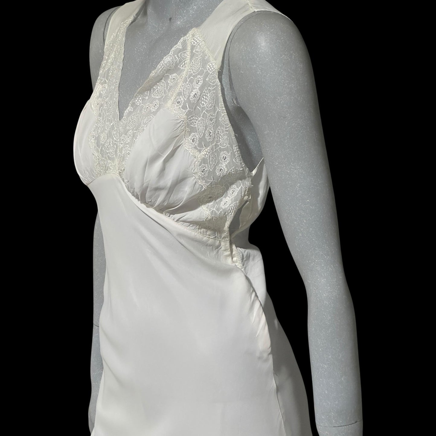 1930s vintage Nightgown slip dress, White rayon and lace bias cut night dress, full length with side snaps