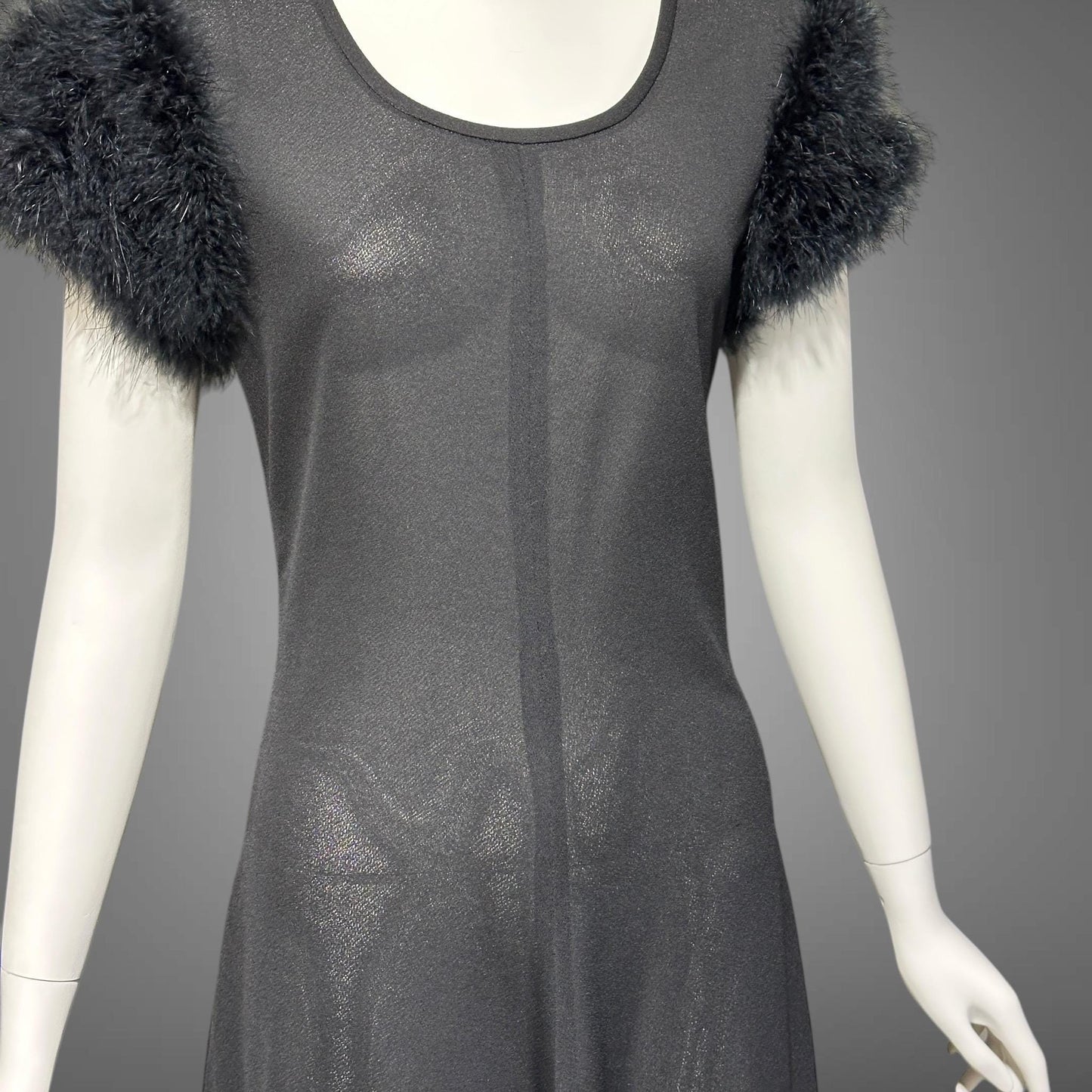 FIFTH AVENUE ROBES, vintage 1950s nightgown, black sheath evening gown with marabou sleeves, totally sheer house dress