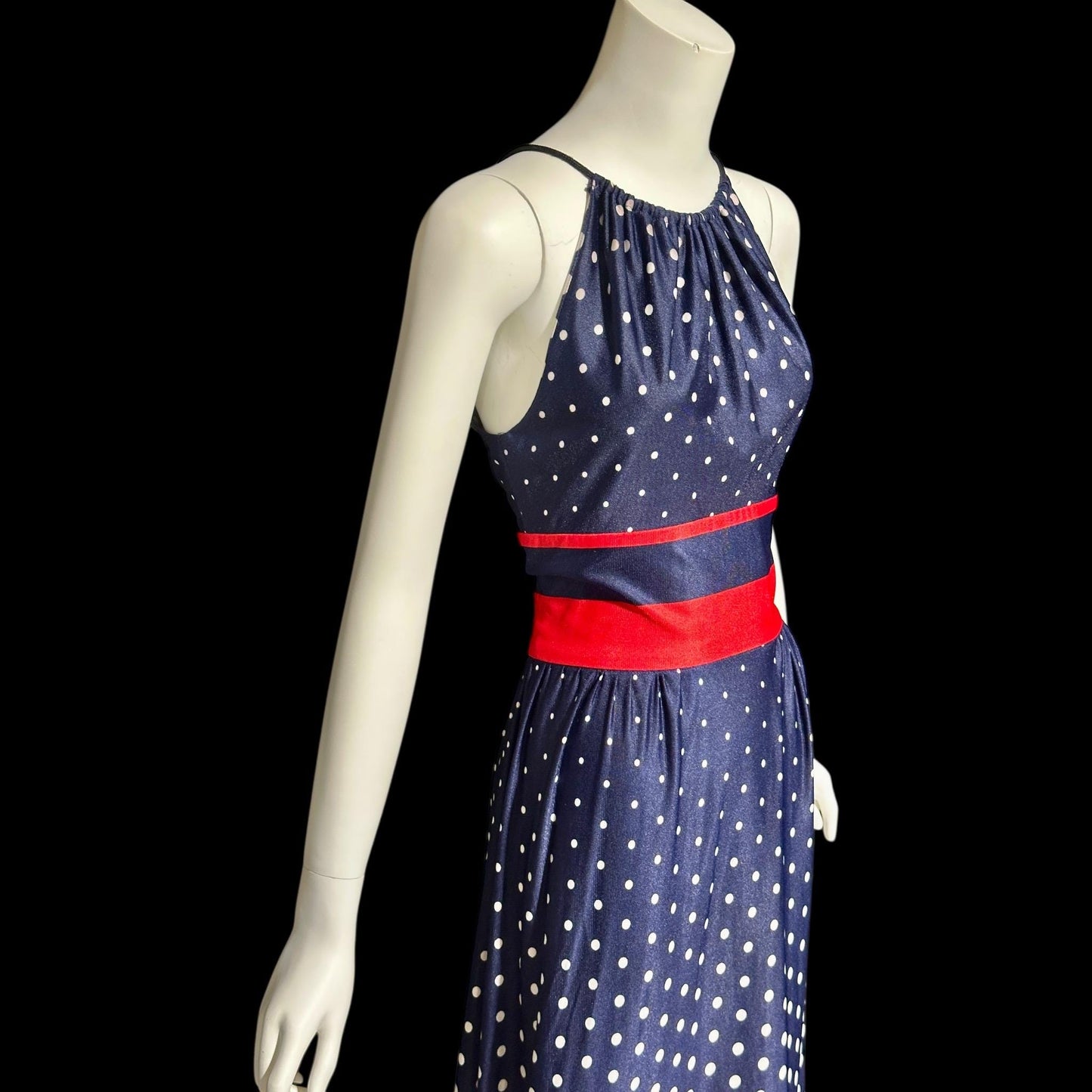 1970s vintage maxi dress, Navy blue and white polka dots, red stripes, halter casual summer party long 4th of July sundress