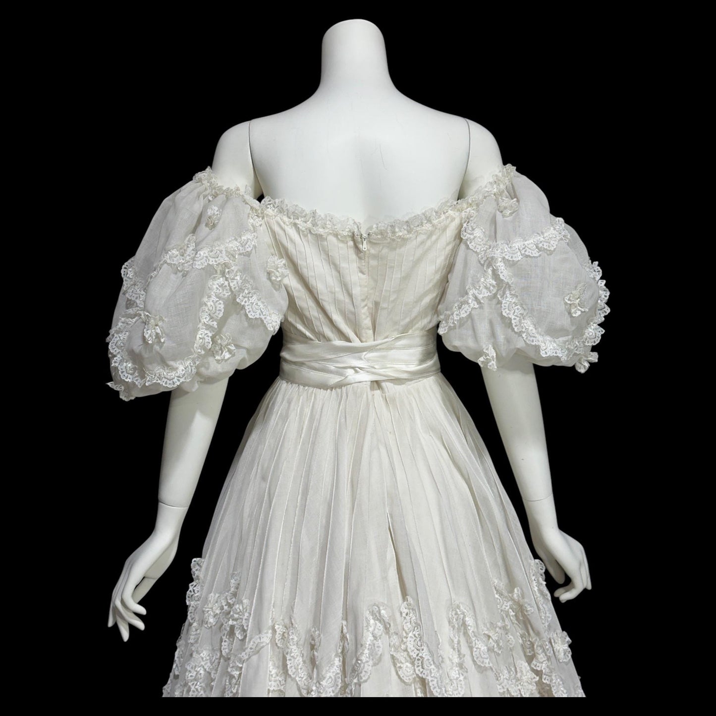 1970s Mexican Wedding dress, White cotton tiered lace ball gown, off shoulder huge Sleeves Bohemian gown